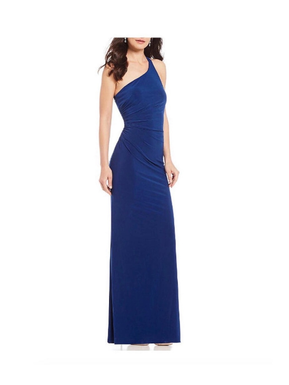 Adrianna Papell Size 4 Blue One Shoulder Jersey Ruched Formal Maxi Dress GALA